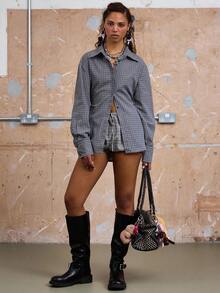 COUREZ Áo sơ mi dài tay thắt eo họa tiết kẻ caro / Áo mùa hè cho nữ, phong cách vintage Y3K Y2K - Xám - Xem 2