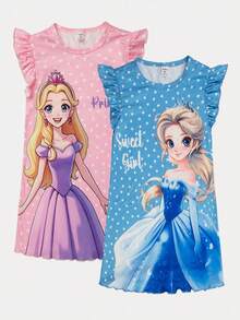 2 件套女童休闲盖袖睡裙和长裙，春夏家居服 - 彩色 - 查看 1