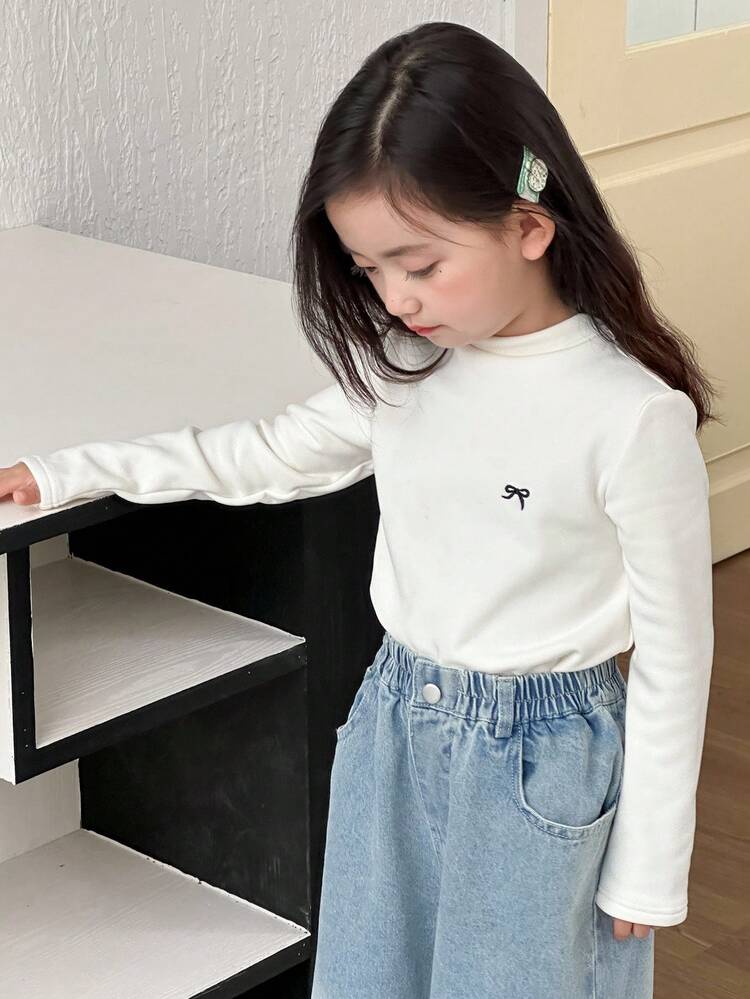 Girls' Round Neck Knitted Thermal Lined Bow Embroidered Long Sleeve T-Shirt, Autumn