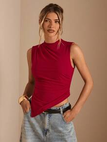 SHEIN BAE Women's Solid Color Sleeveless Cropped Casual Tank Top With Asymmetrical Hem,Multipack - Burgundy - View 5