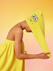 SpongeBob SquarePants | SHEIN 1pc Cute Cartoon Embroidered Super Absorbent Hair Drying Cap, Suitable For All Hair Types And Volumes, Quick Drying Hair Drying Towel Wrap - Yellow - View 2