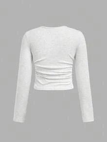 SHEIN Bộ đồ liền thân 2 món gồm áo len dài tay màu xám trơn đơn giản và quần dài cho bé gái tuổi teen, Bộ đồ liền thân thoải mái, tay dài, phù hợp mặc thường ngày vào mùa thu đông - Màu Xám nhạt - Xem 6