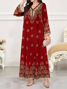 SHEIN Najma 女士复古花卉印花V领长袖宽松长裙，休闲时尚 - 彩色 - 查看 3