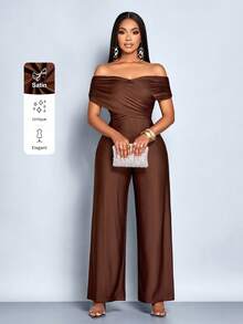 SOLERSUN 女士优雅纯色十字交叉褶饰露肩连体裤 - 咖啡棕 - 查看 1