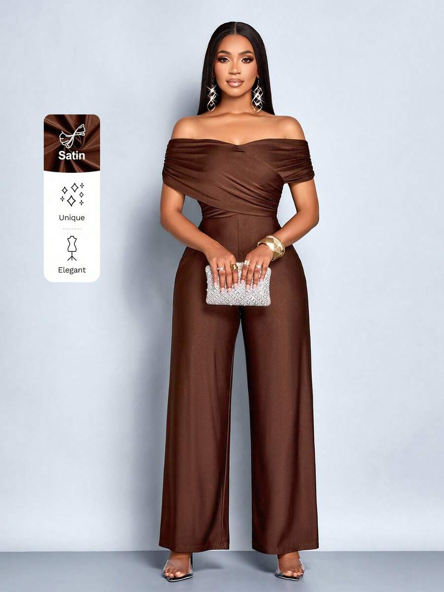 SOLERSUN 女士优雅纯色十字交叉褶饰露肩连体裤 - 咖啡棕 - 查看 1