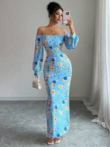 Rafferiza Women's Light Blue Floral Elegant Summer Holiday Vacation Holiday Off-Shoulder Floral Branch Print Mesh Elastic Waist Bodycon High Slit Maxi Dress - Blue - View 6