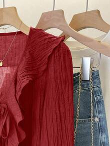 INAWLY 法式 V 领褶饰荷叶边系带衬衫 - 紅色 - 查看 6