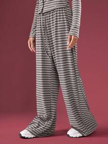 SUMWON Ribbed Knit Striped Co-Ord Two Piece Set Long Sleeve Crop Top Wide Leg Pants Wear Casual Fall Winter Outfit