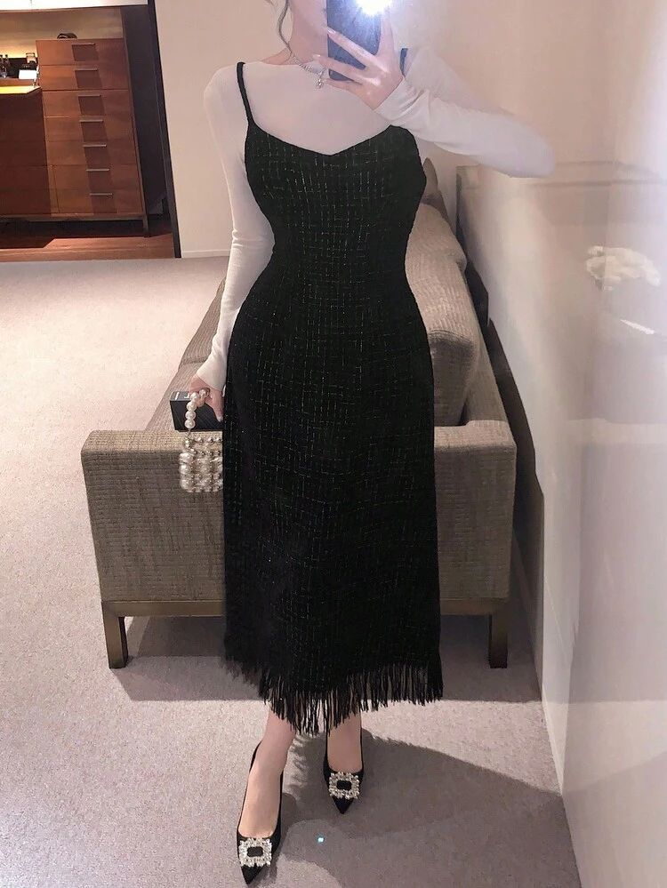 Women's Plaid Fabric Fringed Strap Maxi Elegant Dress Prom Dress Summer Women Dresses
