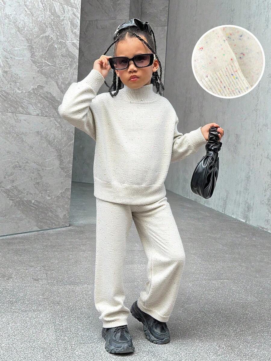 SHEIN 2 件套年轻女孩时尚特种纱线针织毛衣上衣和宽松裤子套装，秋冬 - 白色 - 查看 1