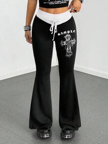 StreetHx Women's Contrast Color Patchwork Print Punk Flare Pants - White - View 4