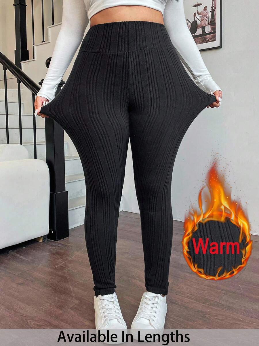 SHEIN PETITE CURVE Leggings casual in vita alta taglia comoda, termici per autunno/inverno - nero - Visualizzare 1