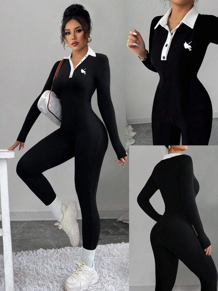 INAWLY Mono de manga larga con cuello alto y bordado de caballero en dos colores - Negro - Ver 1