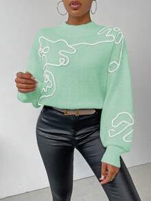 SHEIN LUNE 女士休闲3D图案针织毛衣，秋冬 - 綠色 - 查看 5
