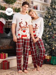Manfinity Cartoon Christmas Reindeer Print Short Sleeve Pajama Set For Men Matching Couple Pajama Set Men Pjs Set Sleep Wear Sets Reindeer Pajama Set Christmas Pjs - Multicolor - View 4