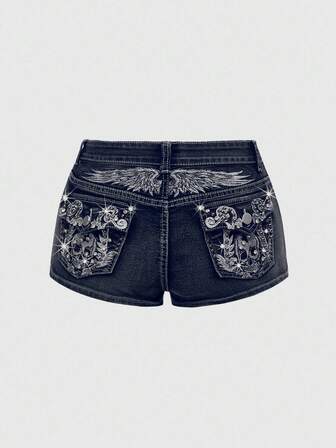ROMWE Avant Women's Y2K Vintage Wing Skull Embroidered Super Short Denim Shorts