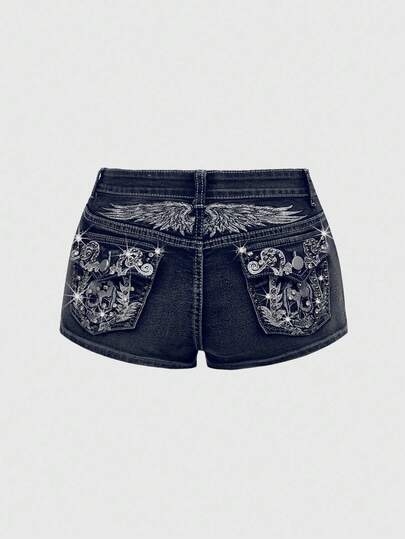 ROMWE Avant Spring/Summer Women's Y2K Vintage Wing Skull Embroidered Super Short Low Waist Denim Shorts