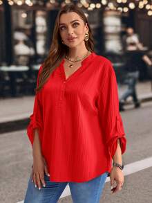 EMERY ROSE Plus Size Solid Color Notched Neck Roll Up Sleeve Casual Blouse ,Winter Clothes V Neck Blouses For Women Red Shirt Plus Size - Red - View 3