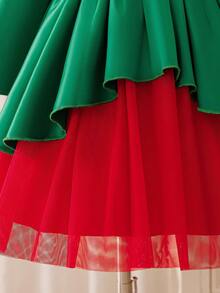 Glamorique Kids 1pc Girls' Christmas Dress,Green Satin Long Sleeves,Red Tulle Skirt,Detachable Bow Decor,Fall Winter Emerald Elegant Party,Sage Green,Summer - Green - View 4