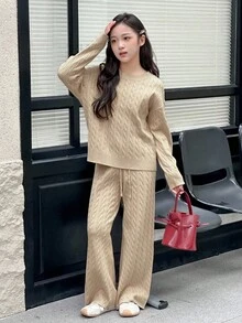 DAZY 青少年女孩纯色长袖上衣和裤子毛衣套装 - 米色 - 查看 4