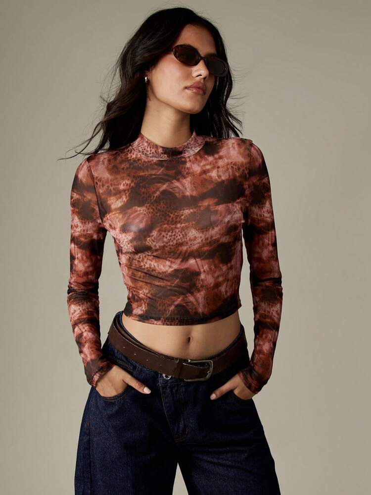 MISSGUIDED Mesh Long Sleeve High Neck Crop Top With Abstract Print For Layering