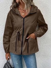 EMERY ROSE Women's Casual Drawstring Waist Hooded Pocket Jacket - Chocolate Brown - View 4