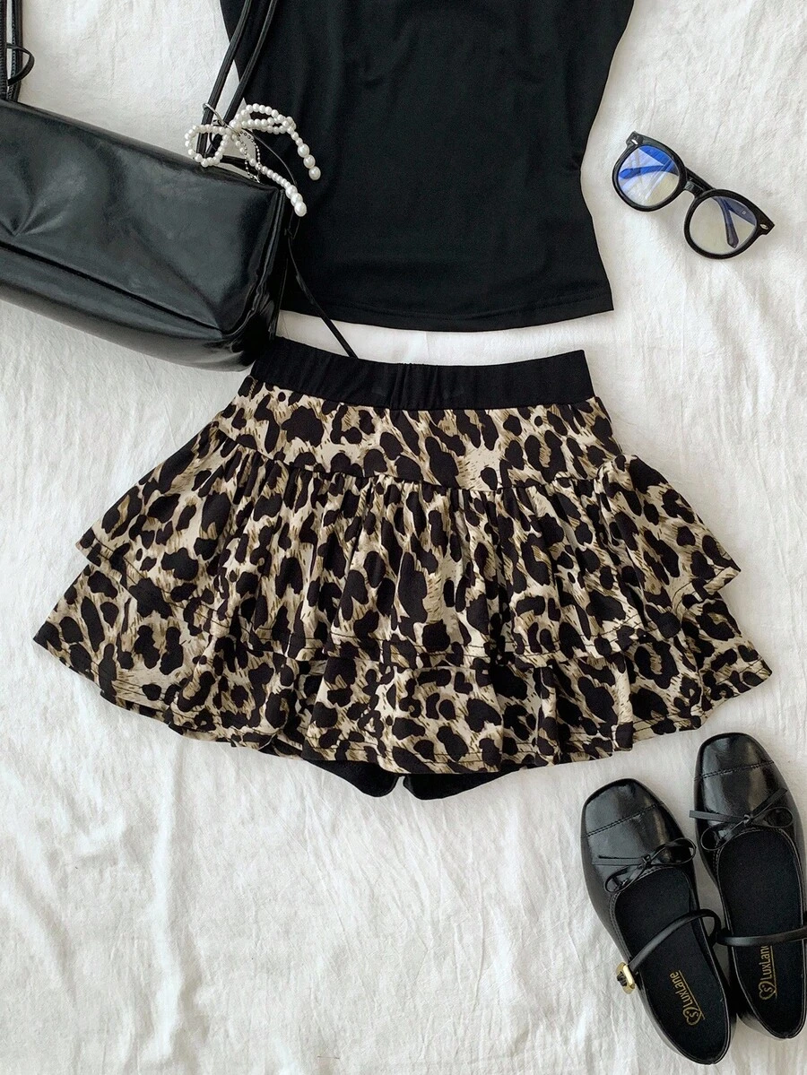 SHEIN 少女豹纹叠层A字裙裤，休闲运动学院风豹纹猎豹可爱裙裤 - 棕色 - 查看 1