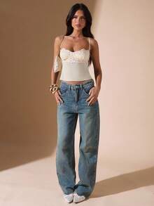 SHEIN BAE Women's Floral Embroidery Cropped Fitted Sexy Camisole Top,Yellow Corset, Embroidered Corset, Elegant Top, Date Top, Going Out Top - Yellow - View 3