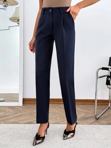 EURMUSE Women's Navy Blue Seam Button Front Elegant Suit Pants - Navy Blue - View 6