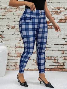 SHEIN Clasi Plus Size Fashionable Plaid Slim Fit Pants - Blue and White - View 6