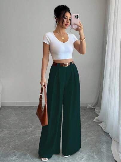 Elenzga 休闲高腰纯杏色裤裙，优雅款式适合日常穿着和工作，复古风适合毕业季、音乐节、德比、独立日