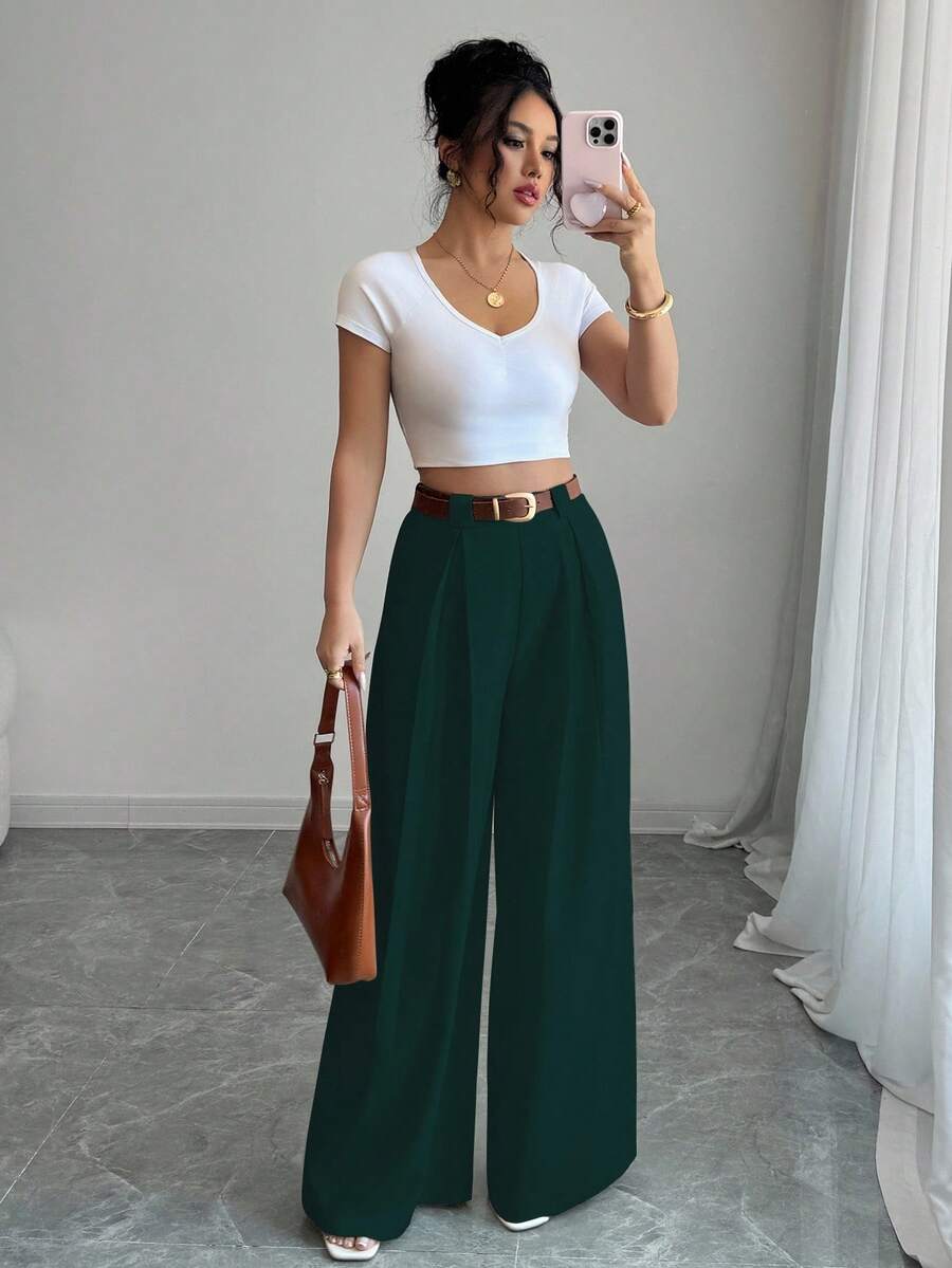 Elenzga 休闲高腰纯杏色裤裙，优雅款式适合日常穿着和工作，复古风适合毕业季、音乐节、德比、独立日 - 墨綠色 - 查看 1