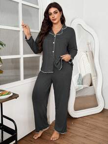 SHEIN Plus Size Women's Dark Grey Super Soft Draped Thin Knit Fabric Collared Open Front Ruffle Trim Long Sleeve Top & Pants, Casual Loose Fit Outerwear 2 Pieces Set, Fall Winter Clothes, Cozy Outfit