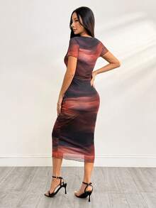 SHEIN PETITE 女士时尚网纱印花短袖长连衣裙，春夏女装，夏季女装，工作夏季连衣裙，中长连衣裙，沙滩派对毕业礼服，办公室女士连衣裙，机场夏季蜜月女士连衣裙，波西米亚风女士夏季连衣裙 - 棕色 - 查看 9