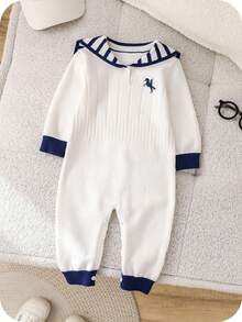 SHEIN Unisex Baby Cute Navy Striped Long Sleeve Sweater Romper, Autumn/Winter Baby Clothes Baby Boy Nautical Romper Preppy Baby Boy Clothes Infant Sweater Romper Boy Fall - Multicolor - View 5