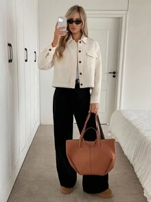 Easowa Veste décontractée ample et élégante pour femmes, avec col, boutons devant, poches, longueur courte, en tissu jacquard tweed pour l'automne/hiver - Nude - Voir 5