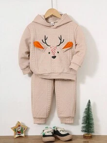 SHEIN 2 件儿童男童休闲百搭圣诞鹿角连帽运动衫和宽松运动裤套装，卡其色，适合学校、花园、派对、户外、秋冬 - 卡其色 - 查看 5