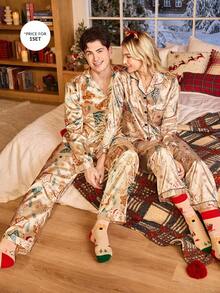 CoupledUp Bộ đồ ngủ dài tay in hình người bánh gừng và cây thông Noel bằng lụa giả cho nam và cặp đôi, quần áo thu đông - Màu be - Xem 3