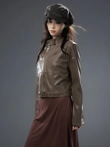 Bloopia Retro American Mirage Chic PU Leather Jacket For Women,High Neck Cropped Autumn Jacket,All Shades Of Brown Night Out Halloween Minimalist - Brown - View 4