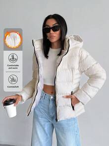 EURMUSE Contrast Zipper, Hooded, Padded, Winter Coat - White - View 1