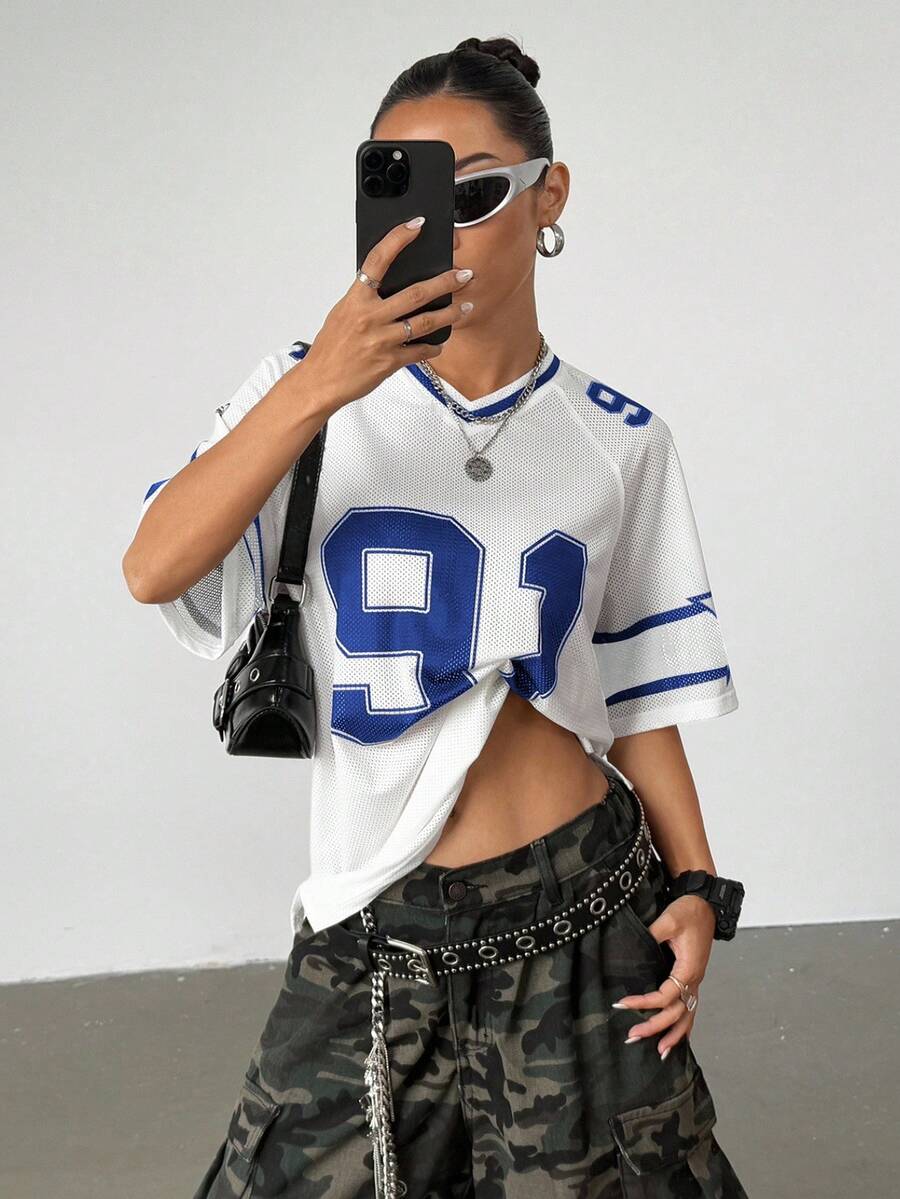 Flirla Áo thun thể thao tay ngắn in số phối lưới phối màu rộng rãi cho nữ, áo thun họa tiết mùa xuân/hè dành cho nữ - trắng - Xem 1