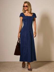 COSMINA 海军蓝休闲束腰长款牛仔连衣裙 - 彩色 - 查看 1