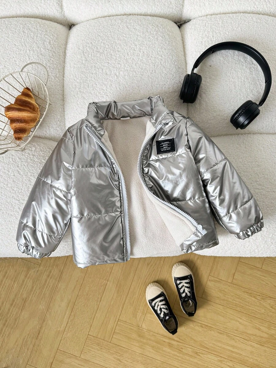 SHEIN 婴幼儿男女通用 0-3 岁休闲街头时尚厚立领夹克，金属银色外套，秋冬 - 銀色 - 查看 1