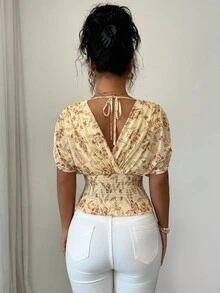 Elenzga Áo cánh tay dơi in hoa xếp ly eo gợi cảm thời trang cho nữ - Màu vàng - Xem 2