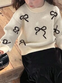 DAZY 女童圆领蝴蝶印花毛衣，秋装 - 米色 - 查看 7