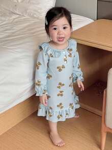 Dazy Kids Baby Girl All-Over Print Ruffle Hem Casual Loungewear, Suitable For Spring/Summer, Toddler Fall Clothes - Blue - View 1