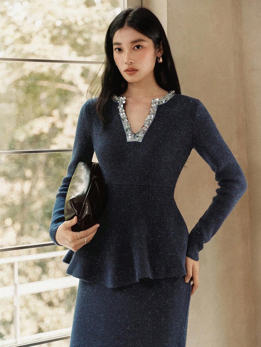 Dazy-Less Elegantes 2 Stücke Damen-Set: Langarm-Pullover mit Pailletten-Patchwork, V-Ausschnitt und Rüschensaum sowie gestrickter Midi-Rock, Herbst/Winter