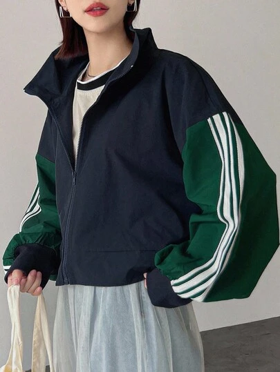 FRIFUL Women Contrast Color Zipper Casual Loose Long Sleeve Jacket Fall/Winter