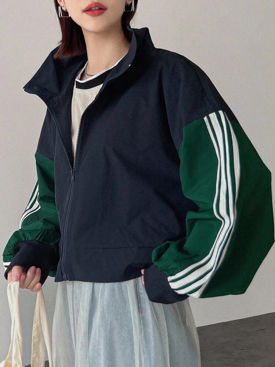 FRIFUL 女士撞色拉链休闲宽松长袖夹克秋冬 - 藏蓝色 - 查看 1