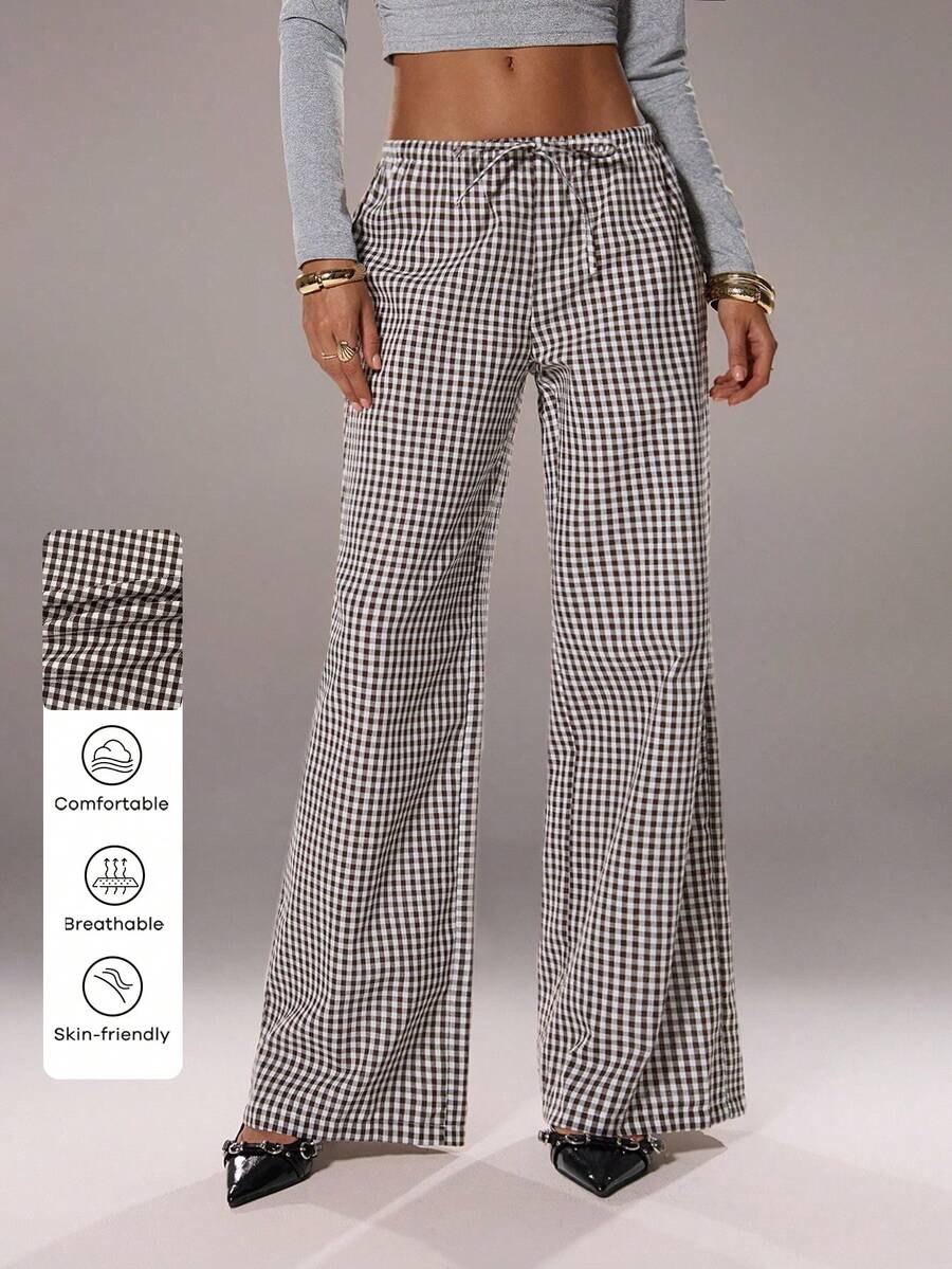 TRNVIE 1 条女士棕色休闲裤，复古美式风格，松紧腰带抽绳，棉质格子，宽松版型，优雅 - 棕色 - 查看 1